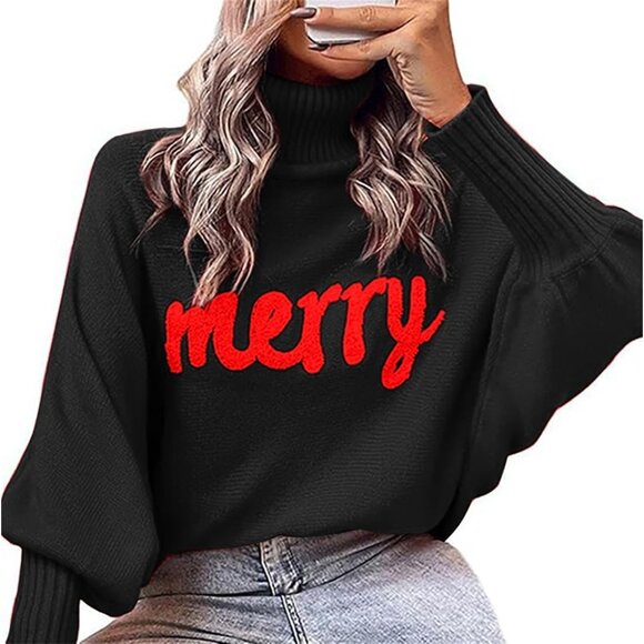 Oversized Christmas Black Sweater Women 2025 Merry Turtleneck Batwing Sleeve - Picture 6 of 6
